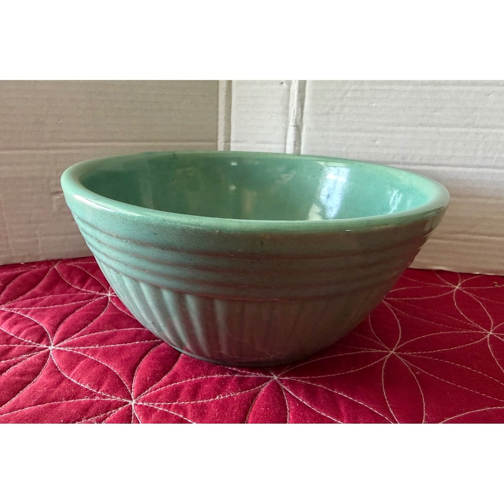 Vintage Teal Green Ribbed Stoneware Mixing Bowl Ceramic Farmhouse Kitchen Decor